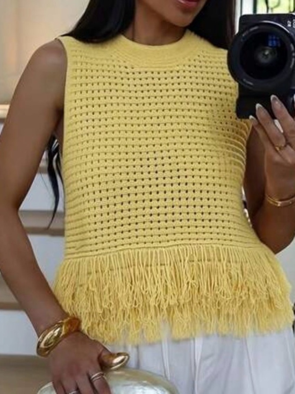 SHEIN Yellow Crochet Fringe Tank Top